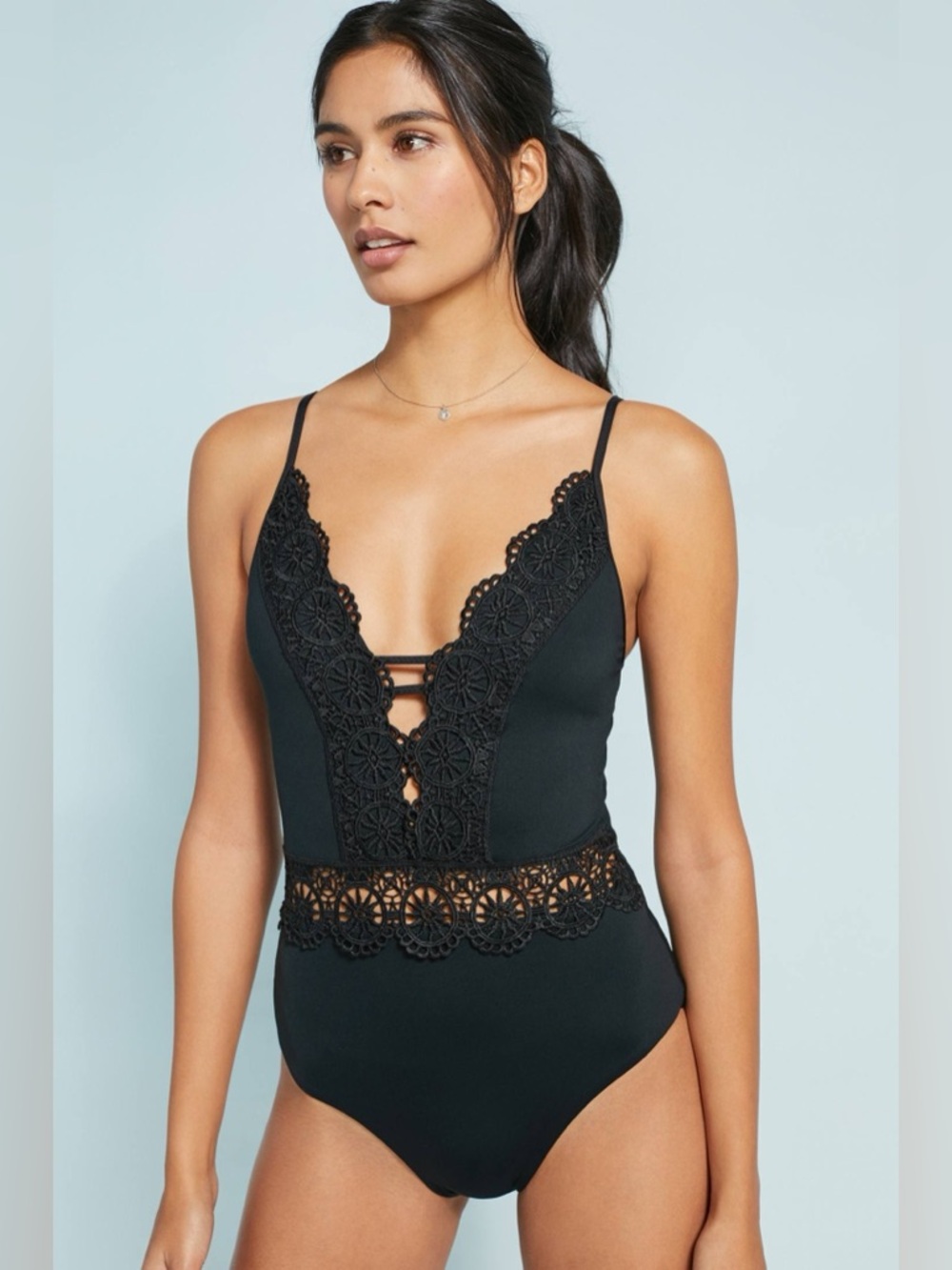 Becca designer Black crochet cut out Lace Trim One-Piece Bodysuit swimsuit